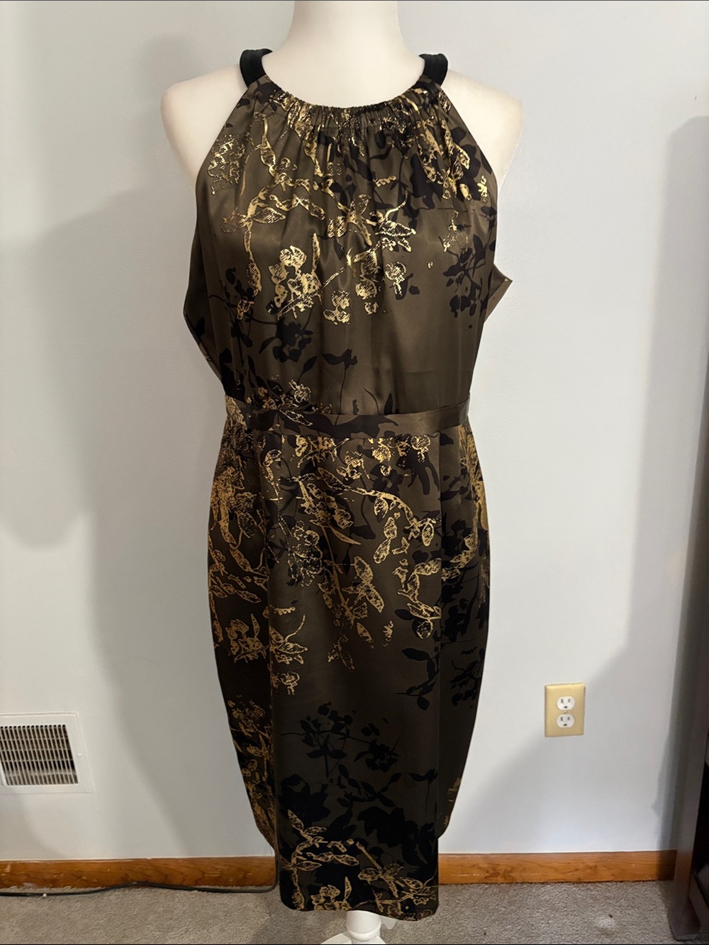Tahari Olive Green and Gold Halter Floral Midi Dress